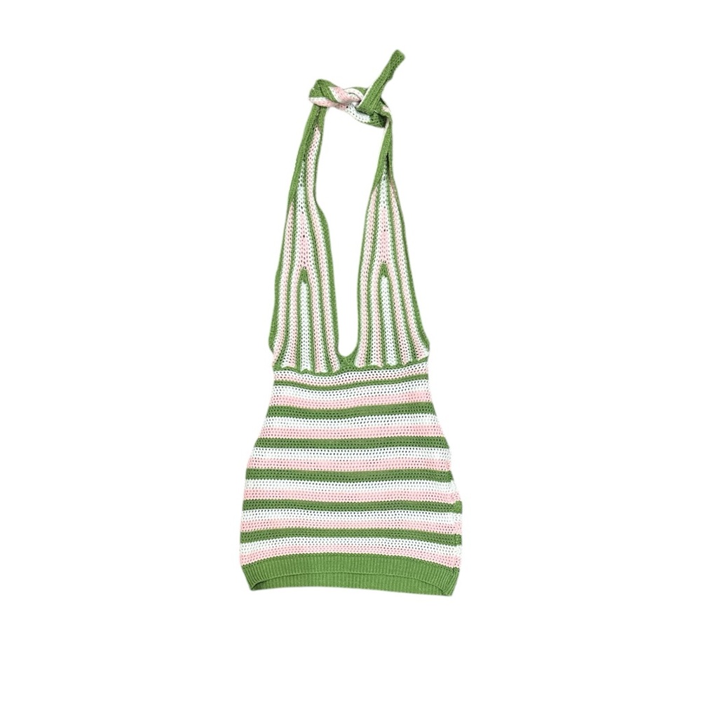 Green Pink and White Striped Halter Top
